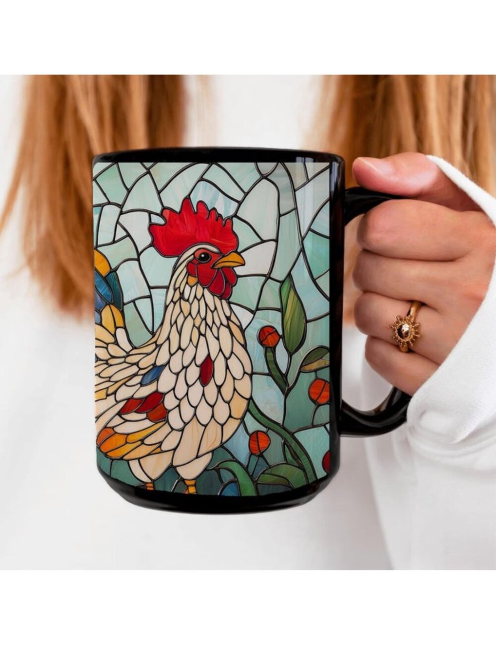Stained Glass Chicken Coffee Mug, Ceramic Farm Animal Mug